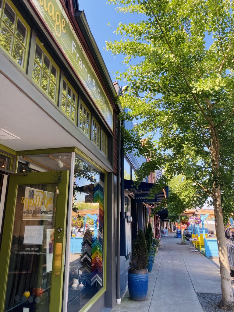 Street view of storefronts in Multnomah Village