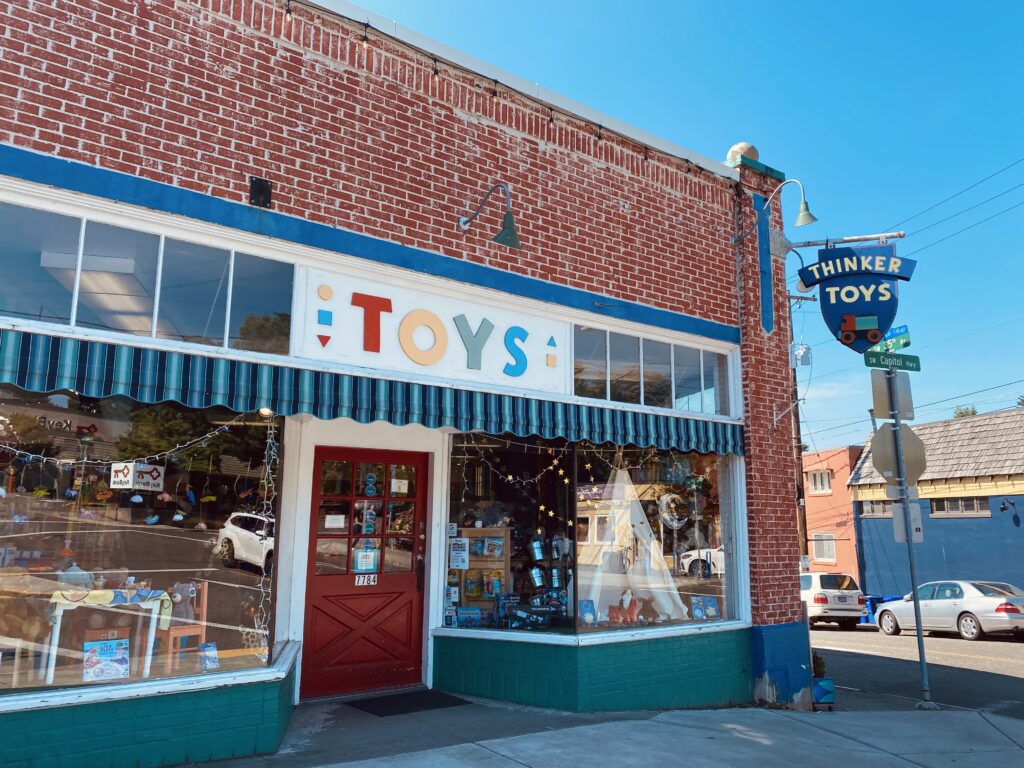 Thinker Toys shop front in Multnomah Village, Southwest Portland, Oregon