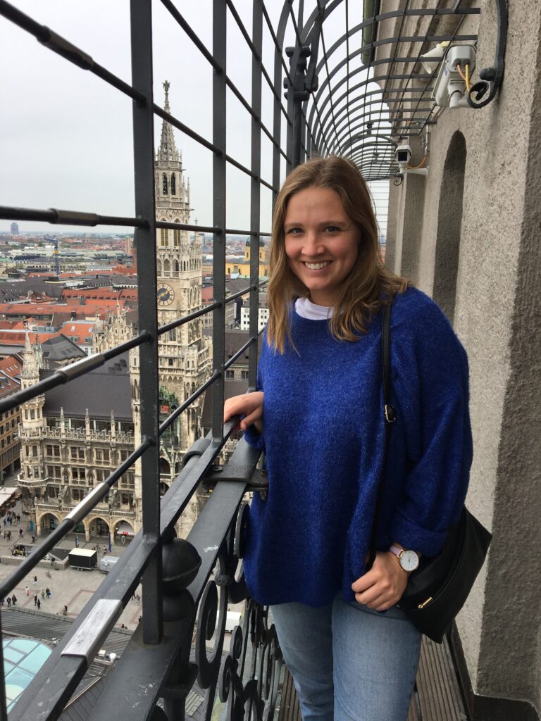 Mariah at the top of Alte Peter Church overlooking Marienplatz in Munich, Germany